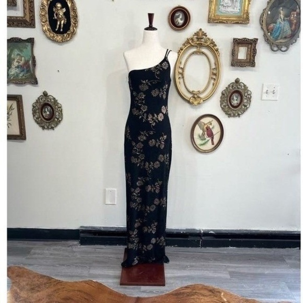 Vintage‎ Jump Apparel Co. Black Gold Floral One Shoulder Maxi Dress 7/8